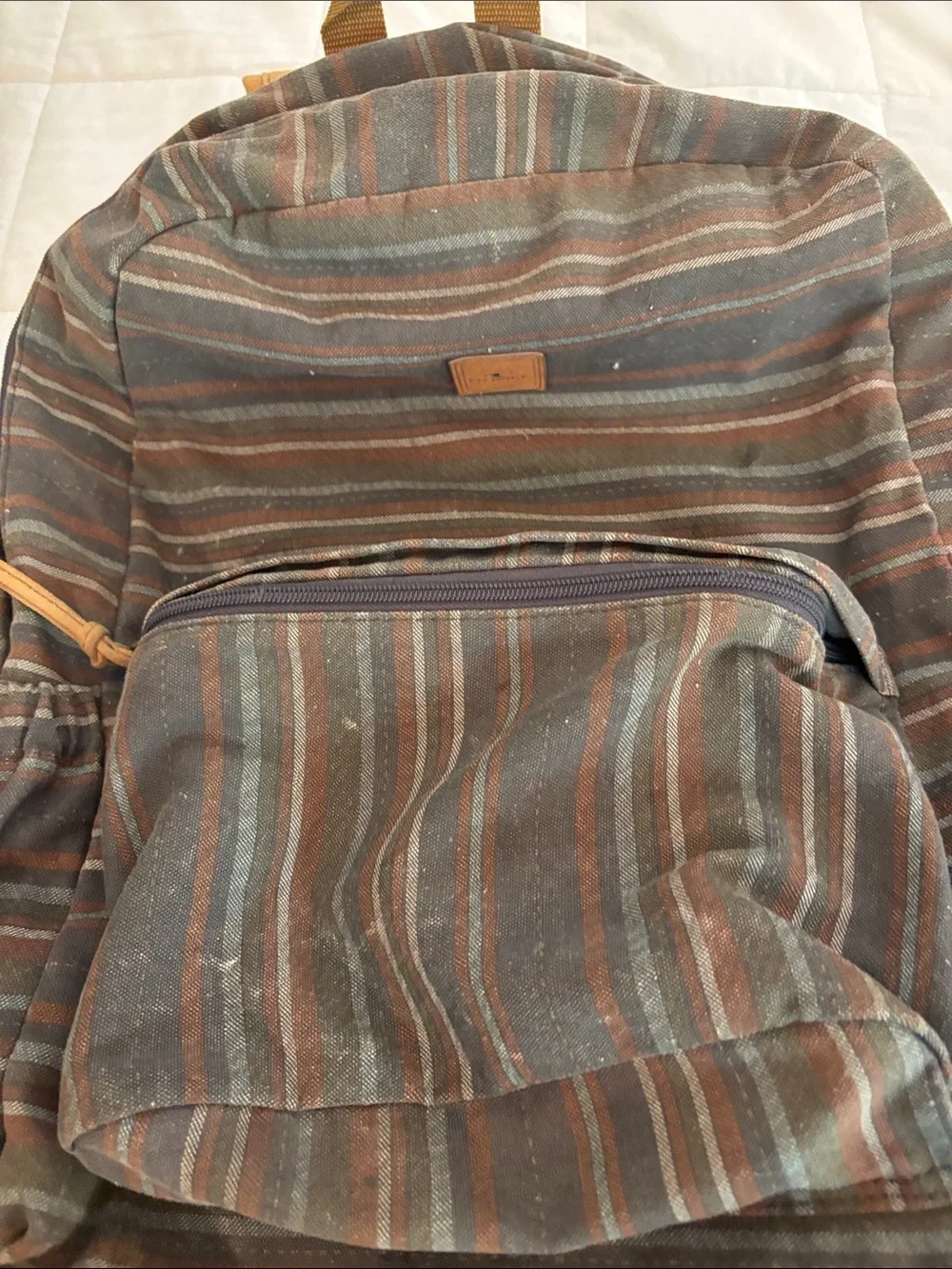 Vintage O’Neill Striped Canvas Backpack with Tan Suede Base